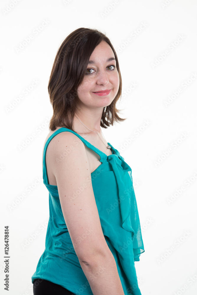 Side view of smiling woman isolated on white Side view of smiling woman isolated on white