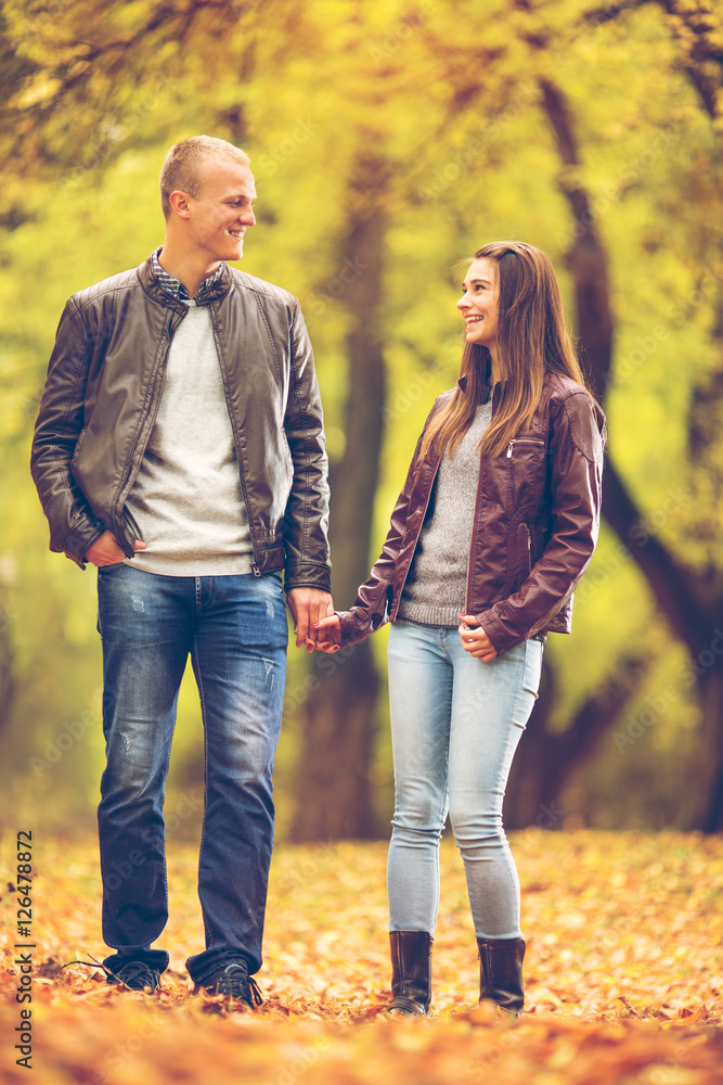 Young couple are walking in a park on a one Autumn day. They are holding heands and look at each other. Young couple are walking in a park on a one Autumn day. They are holding heands and look at each other.