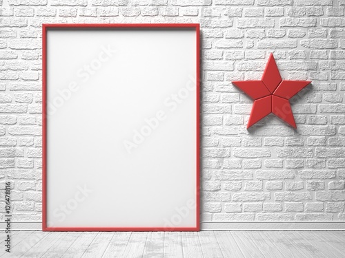 Mock-up red canvas frame, red star decor and brick wall. 3D