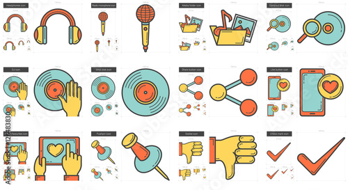 Media line icon set.