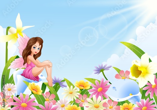 Cute fairy sitting on flower field

