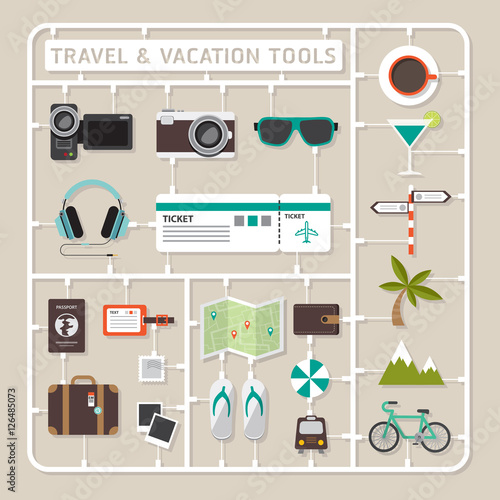 Creative thinking vector flat design model kits for travel and vacation tools.