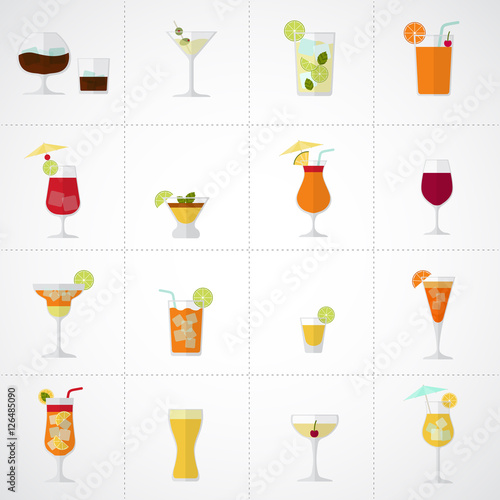 Alcohol drinks and cocktails soft and long-drinks icon set in flat design style.