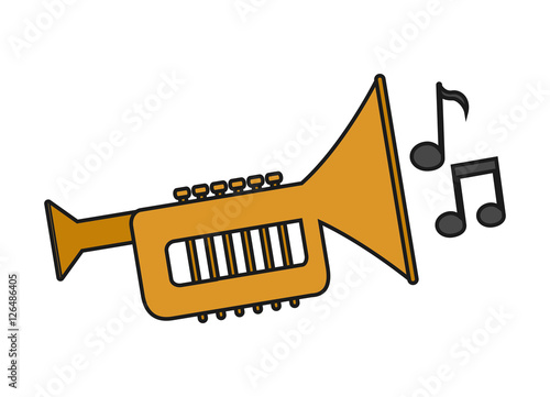 Music note and trumpet instrument icon. Sound melody pentagram and musical theme. Isolated design. Vector illustration