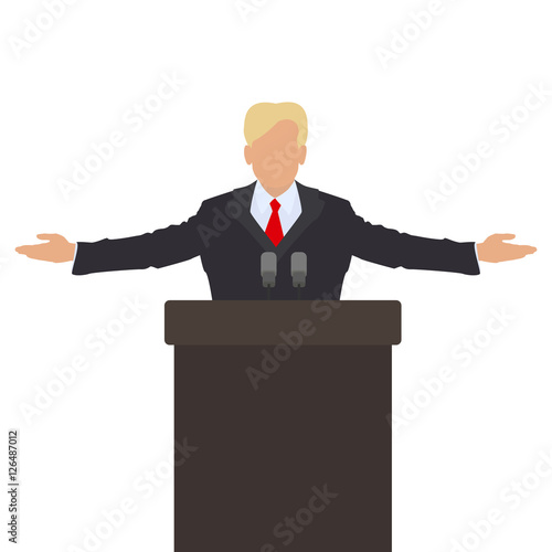 The politician behind the podium. He throws up his hands in greeting. Vector