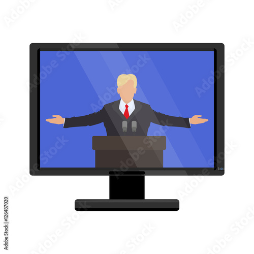 Famous person behind the podium on the monitor screen. Vector illustration of flat