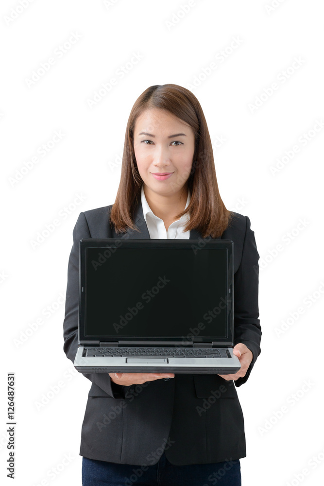 young beautiful asian business woman holding laptop with blank s young beautiful asian business woman holding laptop with blank s
