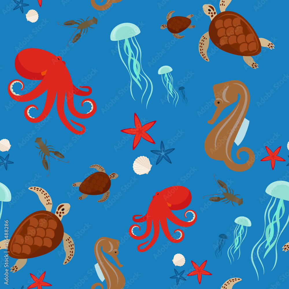 Naklejka premium Sea animals seamless pattern on blue background. Vector illustration