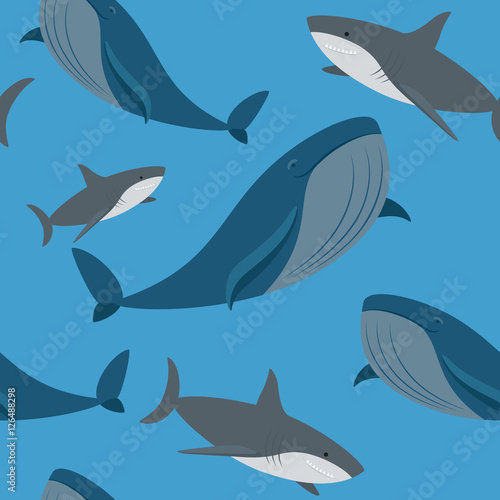 Shark and whale seamless pattern on blue background. Vector illustration