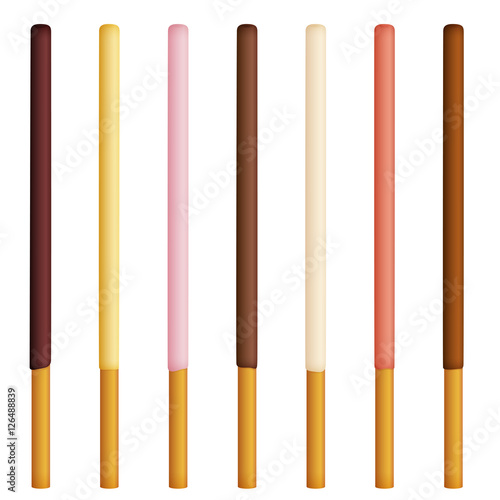Vector illustration of chocolate dipped cookie sticks on white background. White and brown chocolate snacks. Pepero.