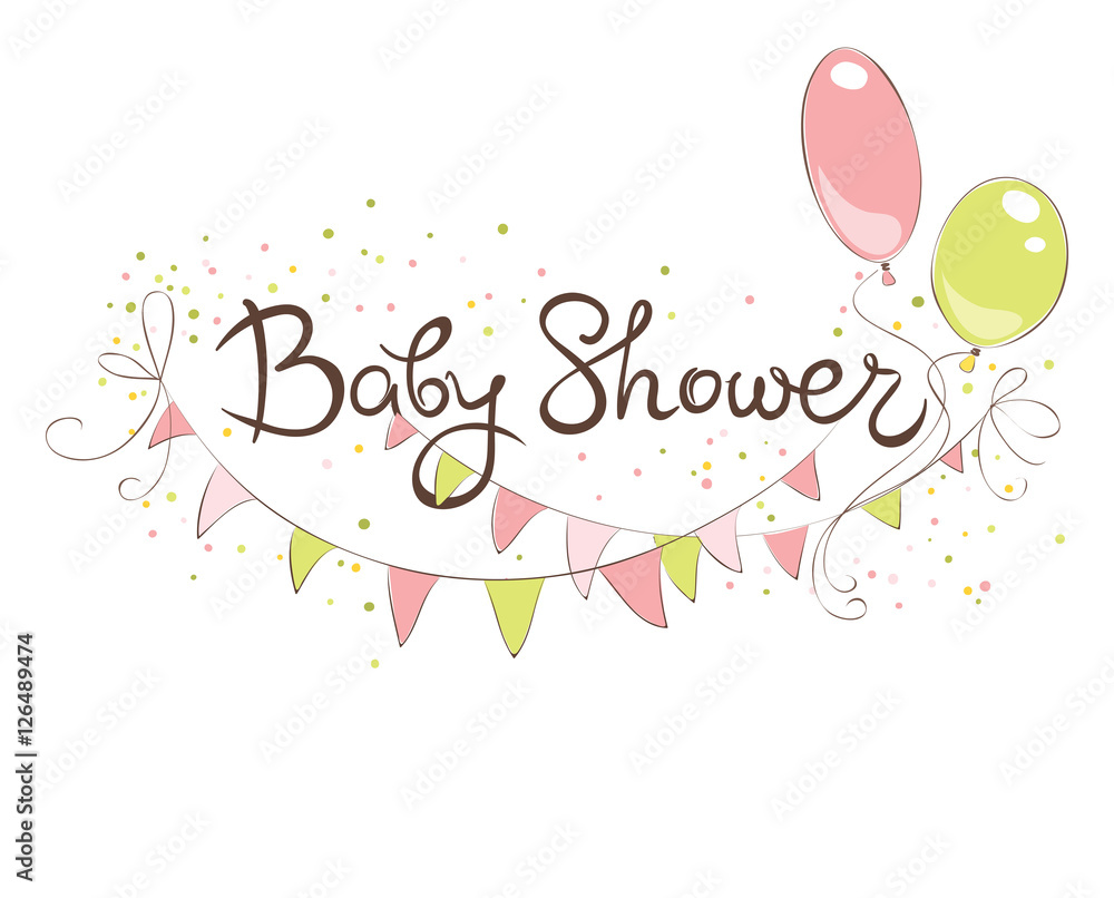 Baby Shower banner for girl / Funny vector illustration with balloons and flags