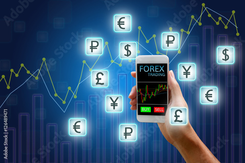 Forex concept, stock market, Woman holding smart phone and curre photo