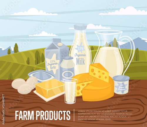Farm products banner with dairy composition on wooden table and background of green rural landscape, vector illustration. Nutritious and healthy milk products. Organic farmers food.