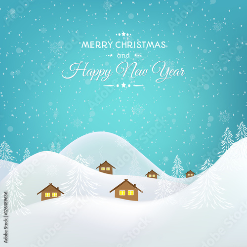 New Year Christmas greeting card template. Winter snow village mountains forest valley scenic landscape. Bright blue sky. Rural chalet houses with glowing windows. Vector design illustration.