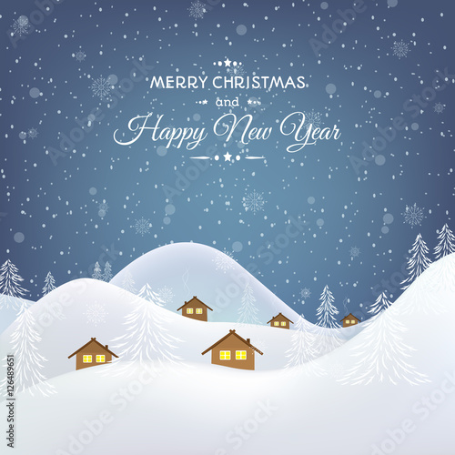 Winter village mountains forest valley night scenic landscape. Rural chalet hut buildings with glowing windows in snowdrift. New Year Christmas greeting card template. Vector design illustration.