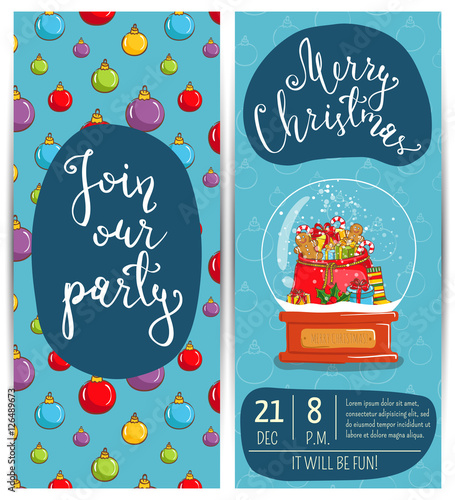 Invitation on Christmas party with date and time. Snow globe with Xmas attributes, sack of gifts, sweets, toy, sock, holly cartoon vector. Merry Christmas and happy New Year greetings. Winter holidays