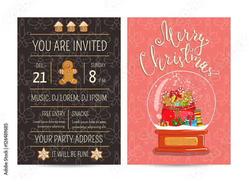 Invitation on Christmas party with date and time. Snow globe, sack of gifts, candy, toy, sock, holly, gingerbread cookies cartoon vector. Merry Christmas and happy New Year greetings. Xmas celebrating