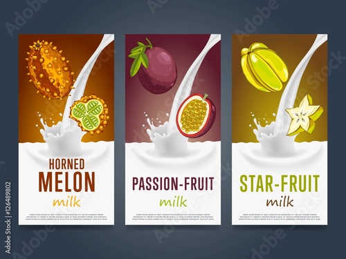 Milkshake concept with milk splash and fruit vector illustration. Milk dessert, yogurt, fruit mix, cocktail drink, fruit smoothie with horned melon, star fruit, passion fruit packaging. Dairy product.