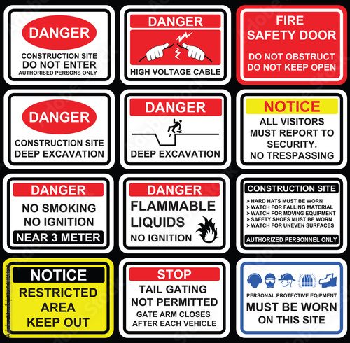 Building  construction site safety warning  signage, icons and s