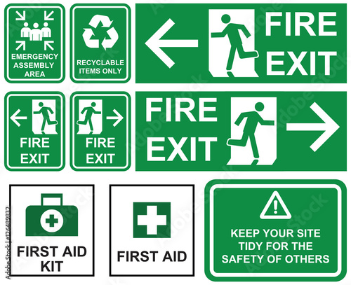 Set of emergency fire exit , emergency assembly area, first aid,