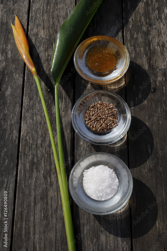 Ingredients for natural body scrubs and body treatments (seeds, sea salt, papaya) Ingredients for natural body scrubs and body treatments (seeds, sea salt, papaya)
