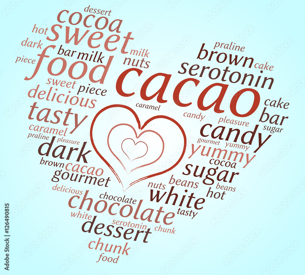 Cacao. Word cloud in shape of a heart, many hearts inside, gradient blue background. Sweet love. Cacao. Word cloud in shape of a heart, many hearts inside, gradient blue background. Sweet love.