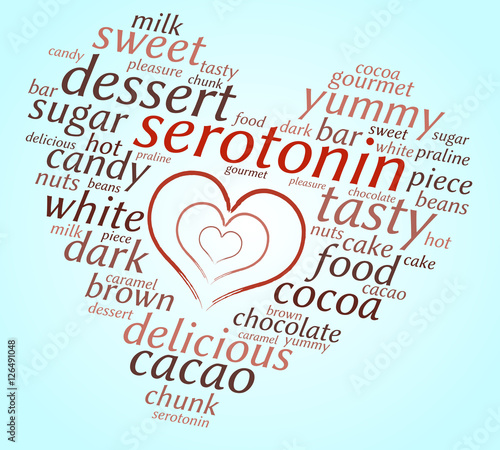 Serotonin. Word cloud in shape of a heart, many hearts inside, gradient blue background. Sweet love.