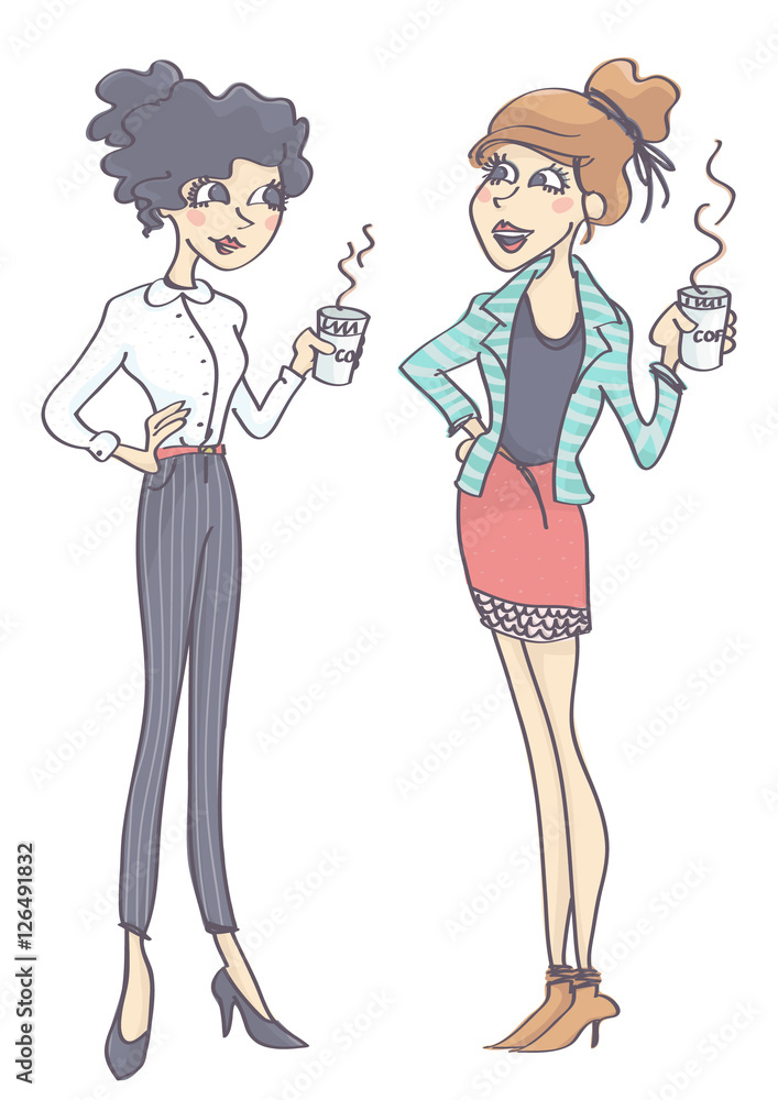 Two women standing and talking, each one holding a hot drink. Female coworkers having a coffee break.