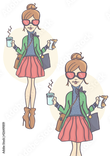 Fashionable, cute girl with pink sunglasses standing and holding cup of hot drink and croissant. Business woman or student having coffee break, eating bagel, set of two.