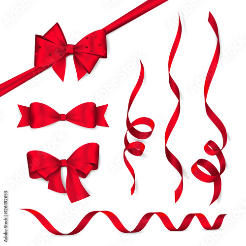 Vector set of shiny red ribbons and bows. Collection of realistic elements for your design gift card or invitation. Isolated from the background.