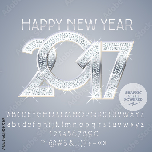 Vector silver chic Happy New Year 2017 greeting card with set of letters, symbols and numbers. File contains graphic styles