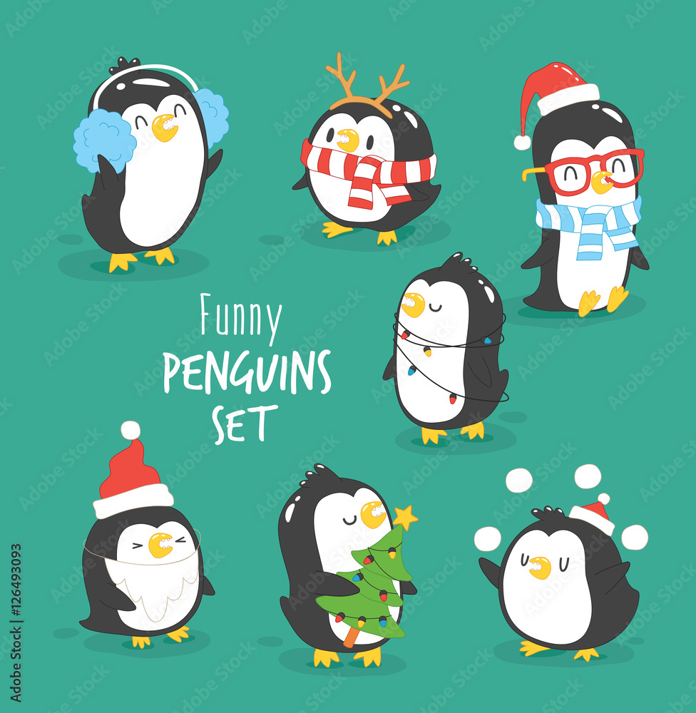 Obraz premium Merry Christmas penguins set. Funny penguins in Christmas costumes. Vector illustration.