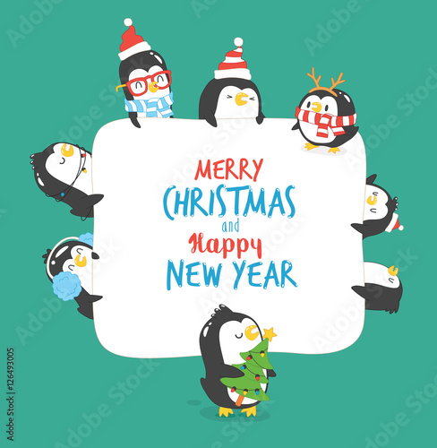 Greeting card Merry Christmas. Funny penguin wishes to you a happy holidays. Vector illustration.
