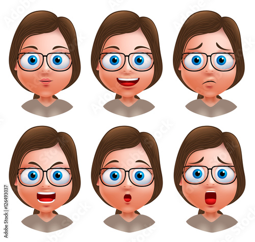 Woman avatar vector character. Set of teenager nerd girl heads with facial expressions wearing eyeglasses isolated in white background. Vector illustration.
