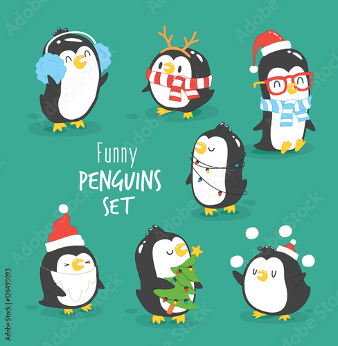 Merry Christmas penguins set. Funny penguins in Christmas costumes. Vector illustration.