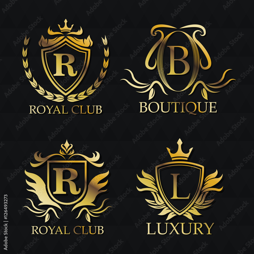 Gold emblem icon set. Exclusive rich club glamour and member theme. Black polygonal background. Vector illustration Gold emblem icon set. Exclusive rich club glamour and member theme. Black polygonal background. Vector illustration