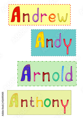 Names of men abstract colored letters to decorate clothing illustration vector.Names for use in apparel fabrics fashion design