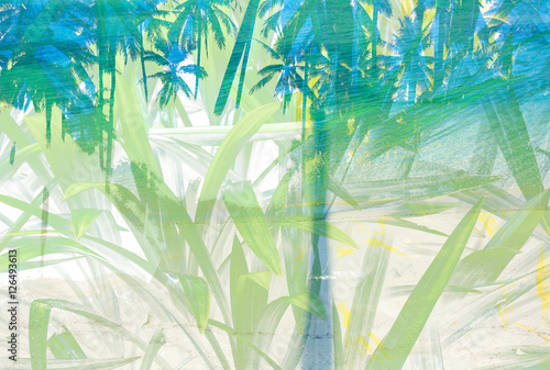 WATER COLOR GREEN FOREST COCONUT PALM TREE VIEW AND GRASS ABSTRACT BACKGROUND