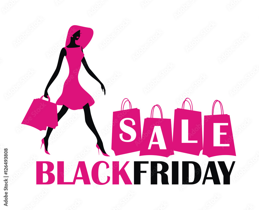 Black Friday sale vector illustration with the image of a beautiful woman with purchases. Black silhouette on white background Black Friday sale vector illustration with the image of a beautiful woman with purchases. Black silhouette on white background