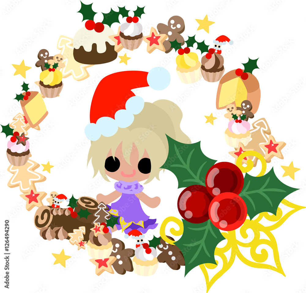 The cute illustration of Christmas and a girl -Sweets wreath-