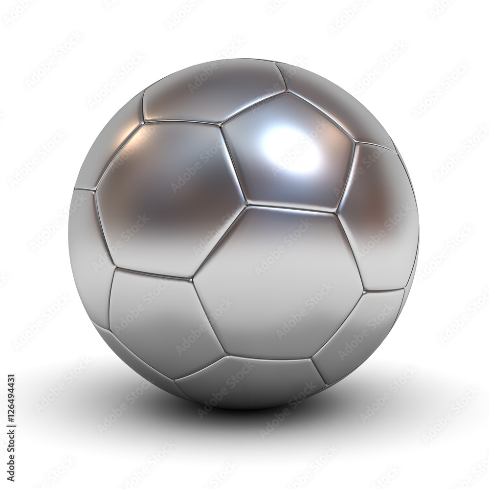 Fototapeta premium Metallic chrome soccer ball isolated over white background with reflection and shadow 3D rendering