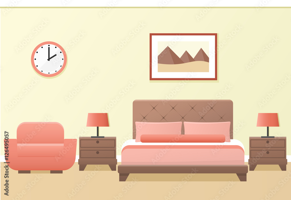 Hotel room or bedroom interior in flat style. Vector illustration. Hotel room or bedroom interior in flat style. Vector illustration.