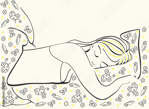 Vector drawing of a girl sleeping in a bed with a flower pattern. Scalable and editable vector illustration