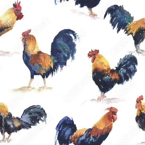 Seamless pattern of several kinds of watercolor roosters