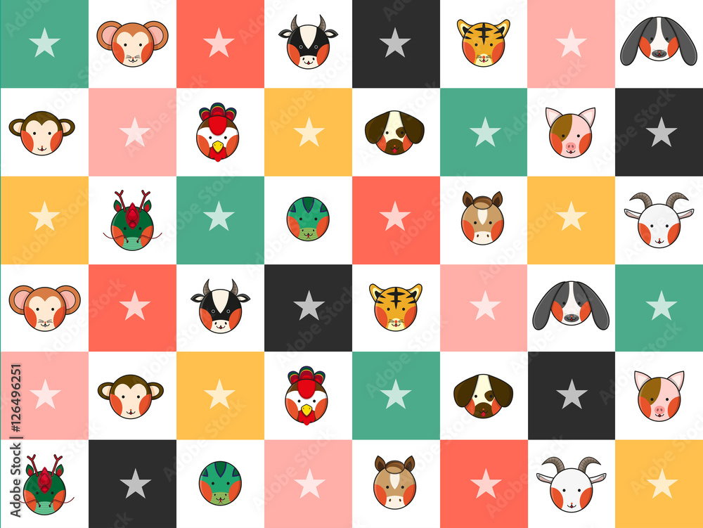 Colorful Chinese Zodiac 12 Animal Signs Chess Board Diamond Background Vector Illustration