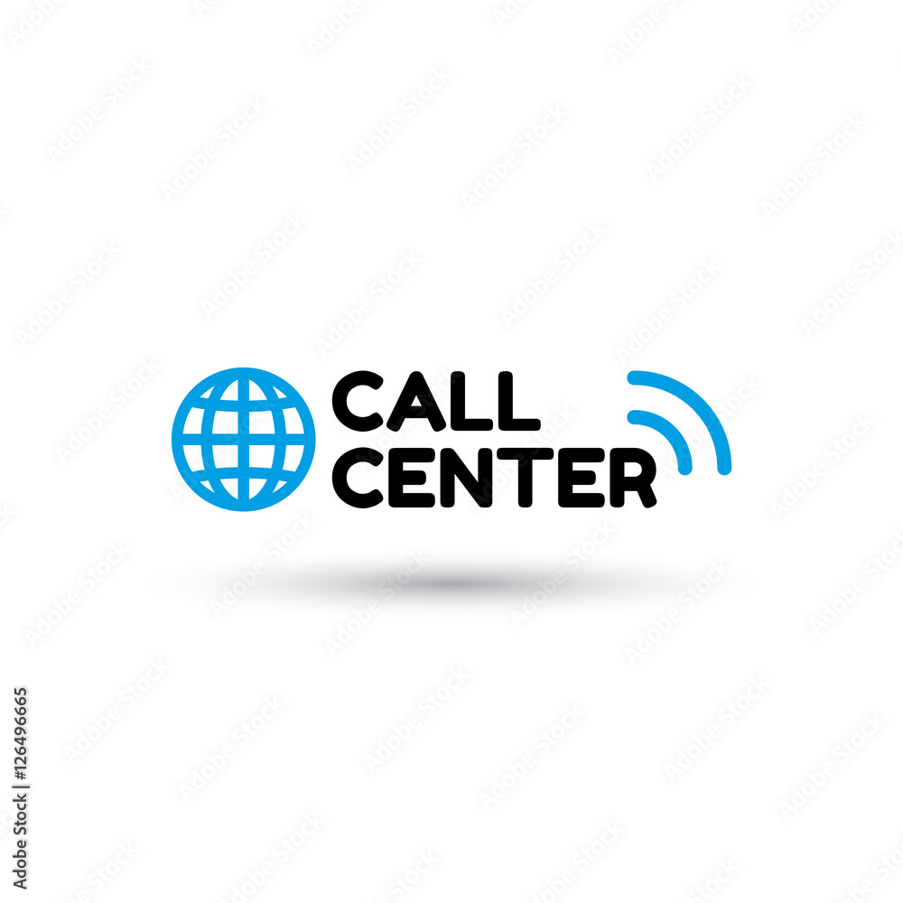 Blue logo call center in flat style. Globe and inscription call center with sound waves. Icon isolated on white background. Vector Blue logo call center in flat style. Globe and inscription call center with sound waves. Icon isolated on white background. Vector