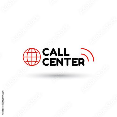 Red logo call center in flat style. Globe and inscription call center with sound waves. Icon isolated on white background. Vector