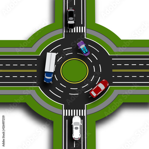 Road infographics. Top view 3d perspective. Road interchange, roundabouts. This shows the movement of cars. Sidewalks and crossings. illustration