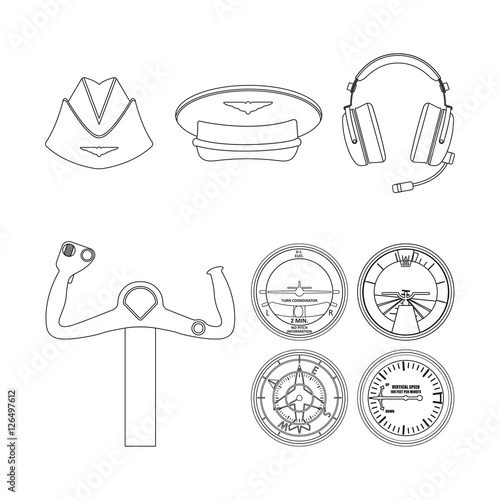 Icons set of aviation. Outline drawing. Aircraft command objects