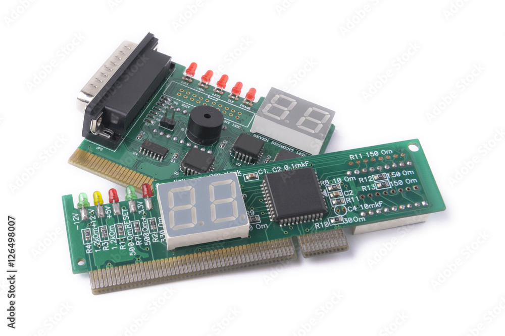 diferent devices for testing of motherboards on a white background, PC Diagnostics diferent devices for testing of motherboards on a white background, PC Diagnostics